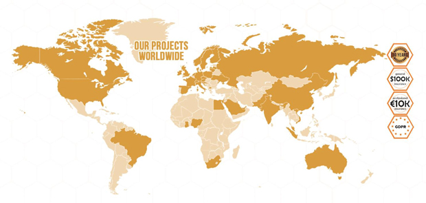 World map highlighting areas of projects worldwide, with icons indicating milestones such as 10 years, over $100K in philanthropy, over €100K in grants, and GDPR compliance.