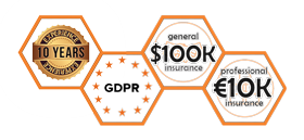 Image of hexagonal icons showing "10 Years Experience," "GDPR," "$100K General Insurance," and "€10K Professional Insurance" with an orange and black color scheme.