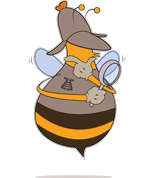 Illustration of a bee dressed as a detective, holding a magnifying glass, with a deerstalker hat and coat, standing upright.