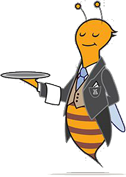 Illustration of a bee dressed as a waiter, holding a tray.