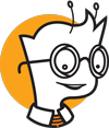 Cartoon character with glasses, smiling, against an orange circle background.