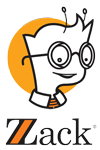 A cartoon character with glasses and antennae, against an orange circle background, above the text "Zack.