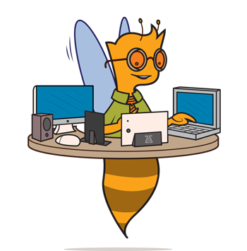 A cartoon bee wearing glasses uses multiple electronic devices at a round desk, including a laptop, monitor, smartphone, and tablet.